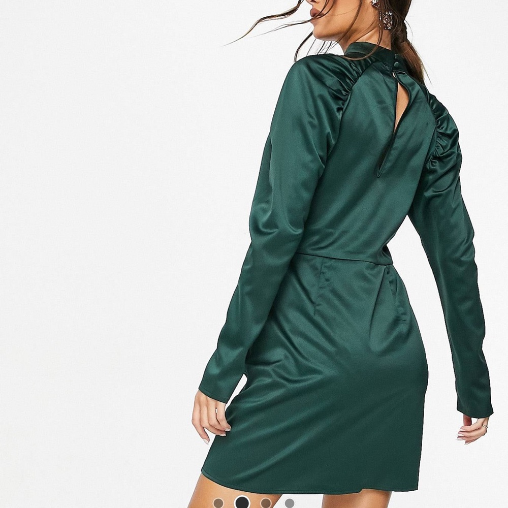 NA-KD high neck gathered sleeve mini dress in dark green